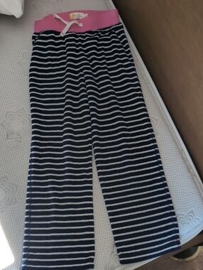 Mini Boden Girls Navy and White Stripe Swim Coverup Pants with Pink Waistband
